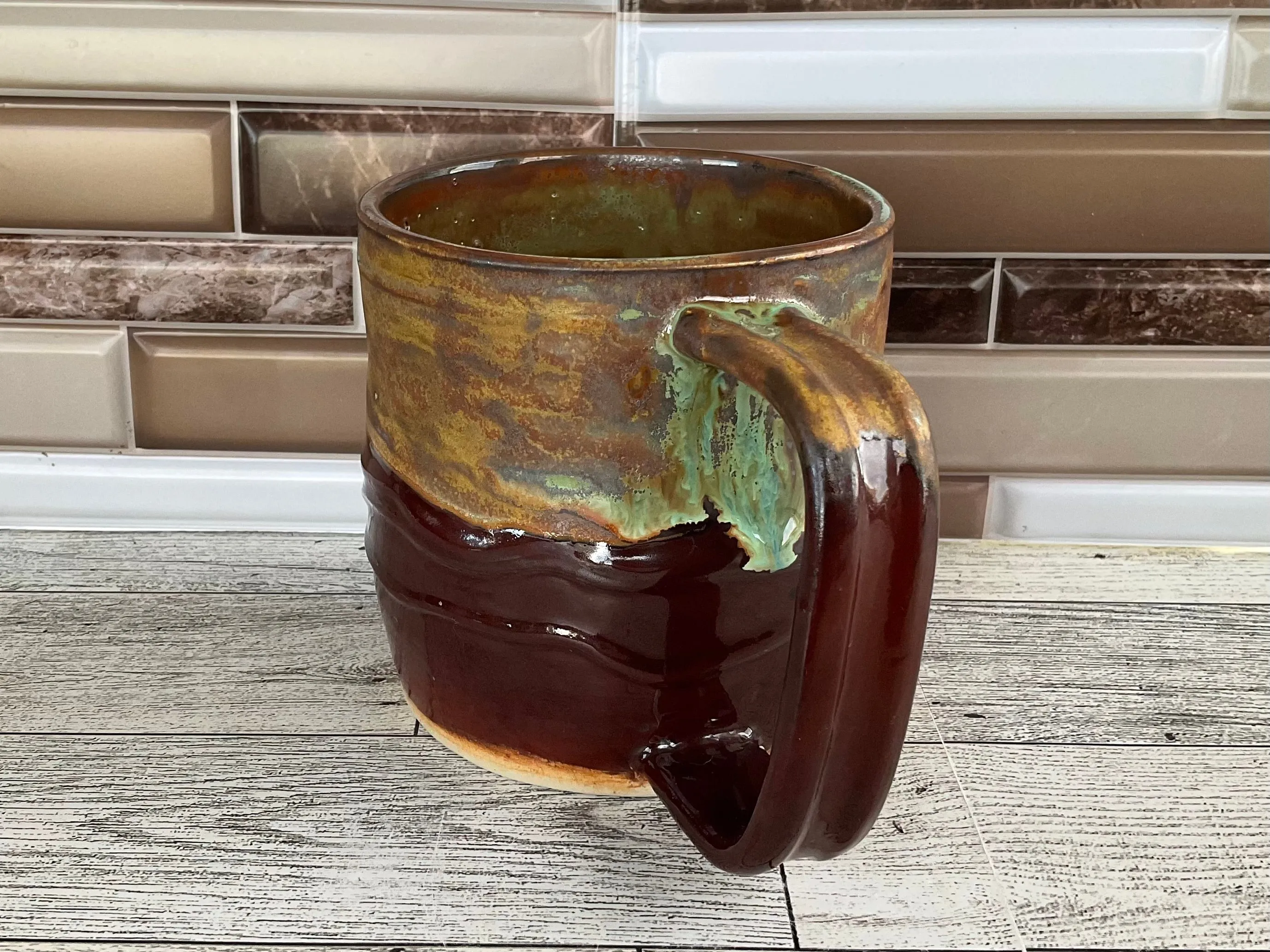 15 oz Green Tea over Cordovan Drippy Ceramic Mug