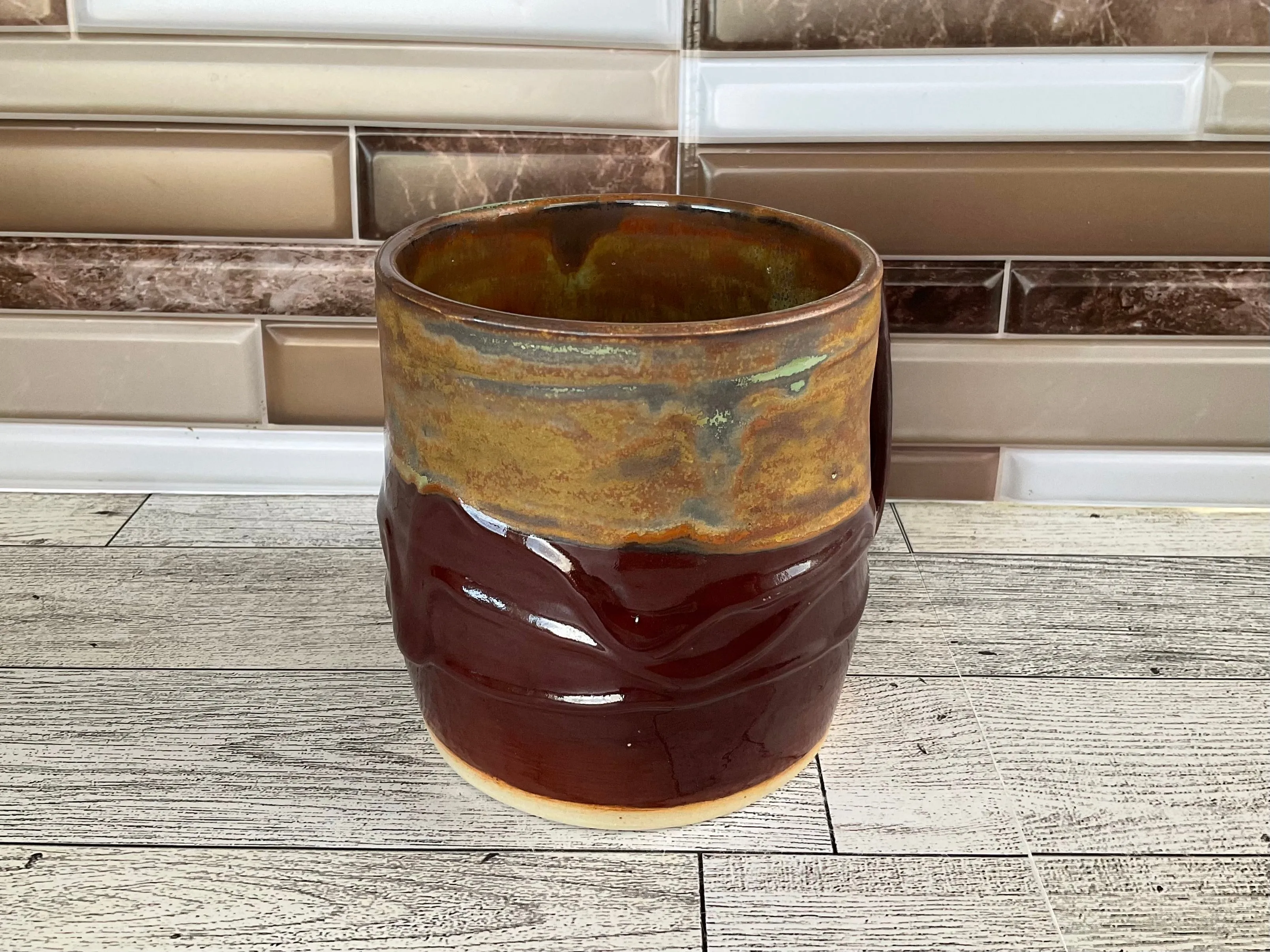 15 oz Green Tea over Cordovan Drippy Ceramic Mug