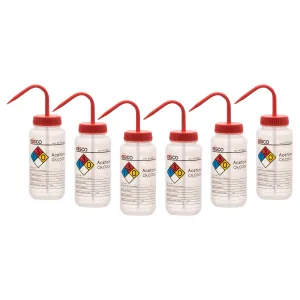 6PK Performance Plastic Wash Bottle, Acetone, 500 ml - Labeled (4 Color)