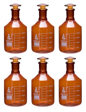 6PK Reagent Bottles, Amber, 250mL - Graduated - Narrow Mouth with Solid Glass Stopper - Borosilicate Glass