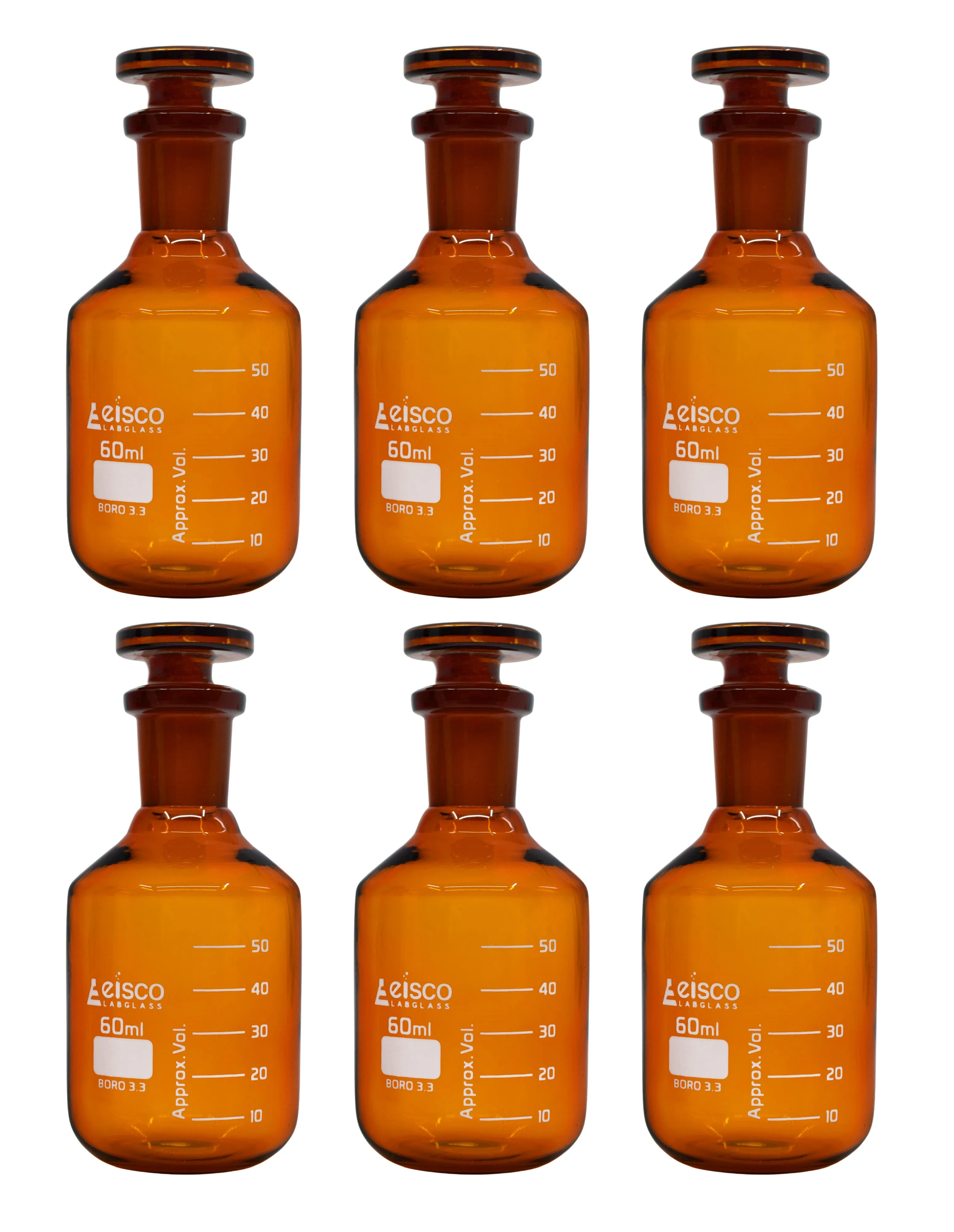 6PK Reagent Bottles, Amber, 60mL - Graduated - Narrow Mouth with Solid Glass Stopper - Borosilicate Glass