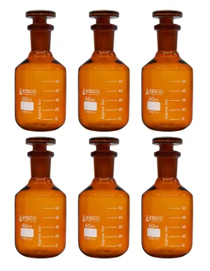 6PK Reagent Bottles, Amber, 60mL - Graduated - Narrow Mouth with Solid Glass Stopper - Borosilicate Glass