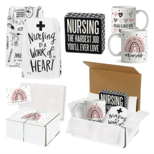 Nurse Appreciation Hoopla Box - Ceramic Mug, Standing Block Desk Sign, and Cotton Home Decor Towel Gift Kit with Box and Tissue Paper