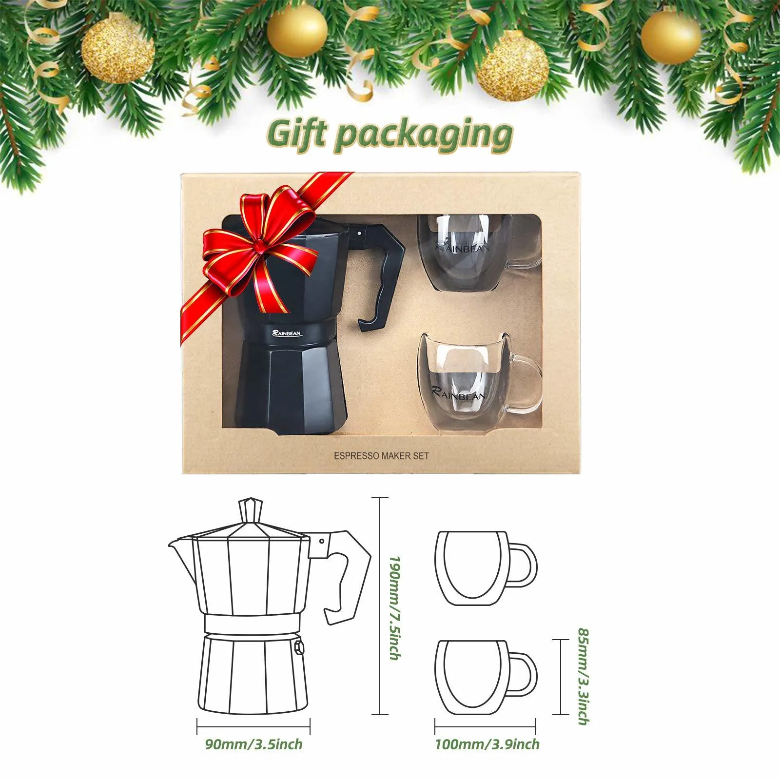 Stylish Black Espresso Maker with 2 Matching Mugs