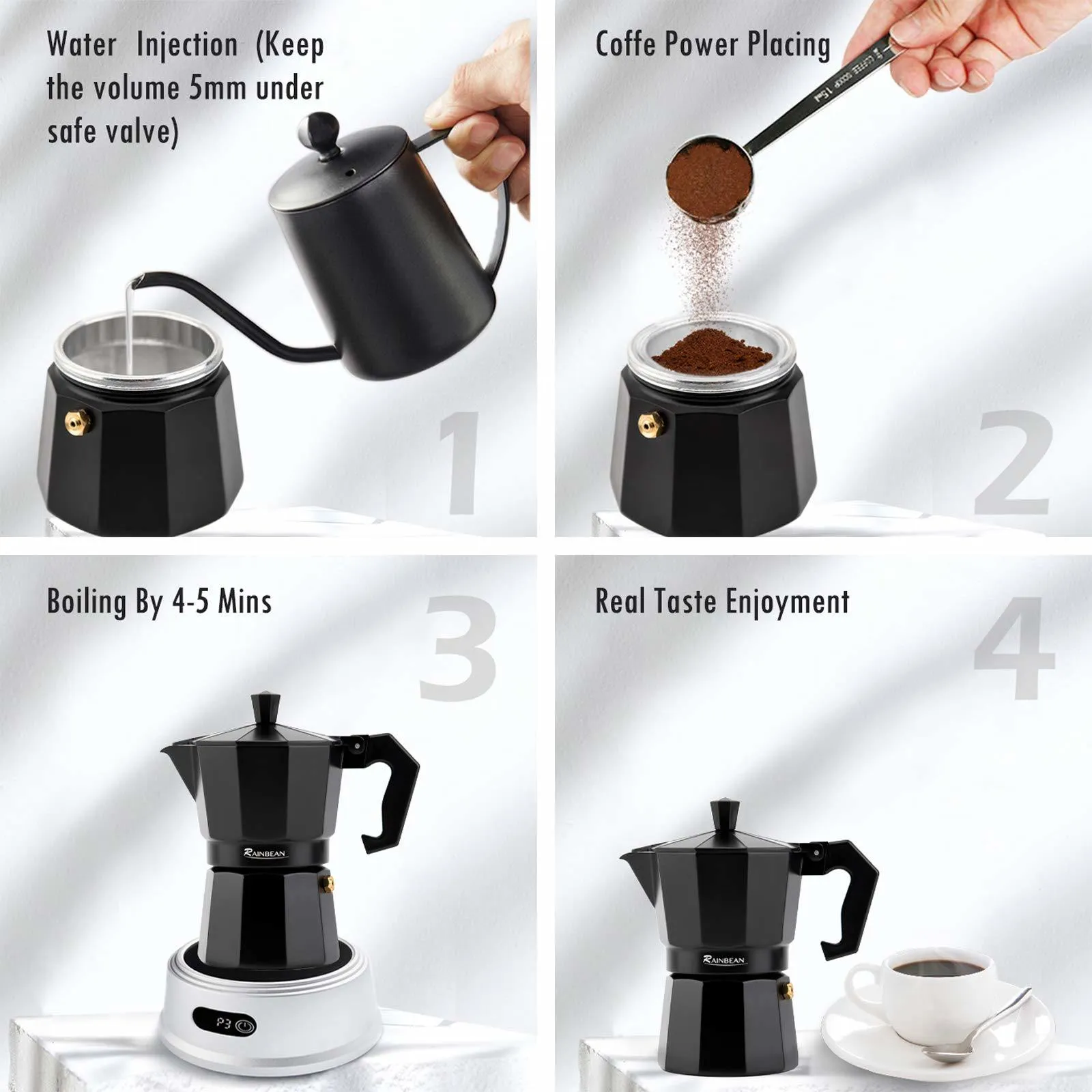 Stylish Black Espresso Maker with 2 Matching Mugs
