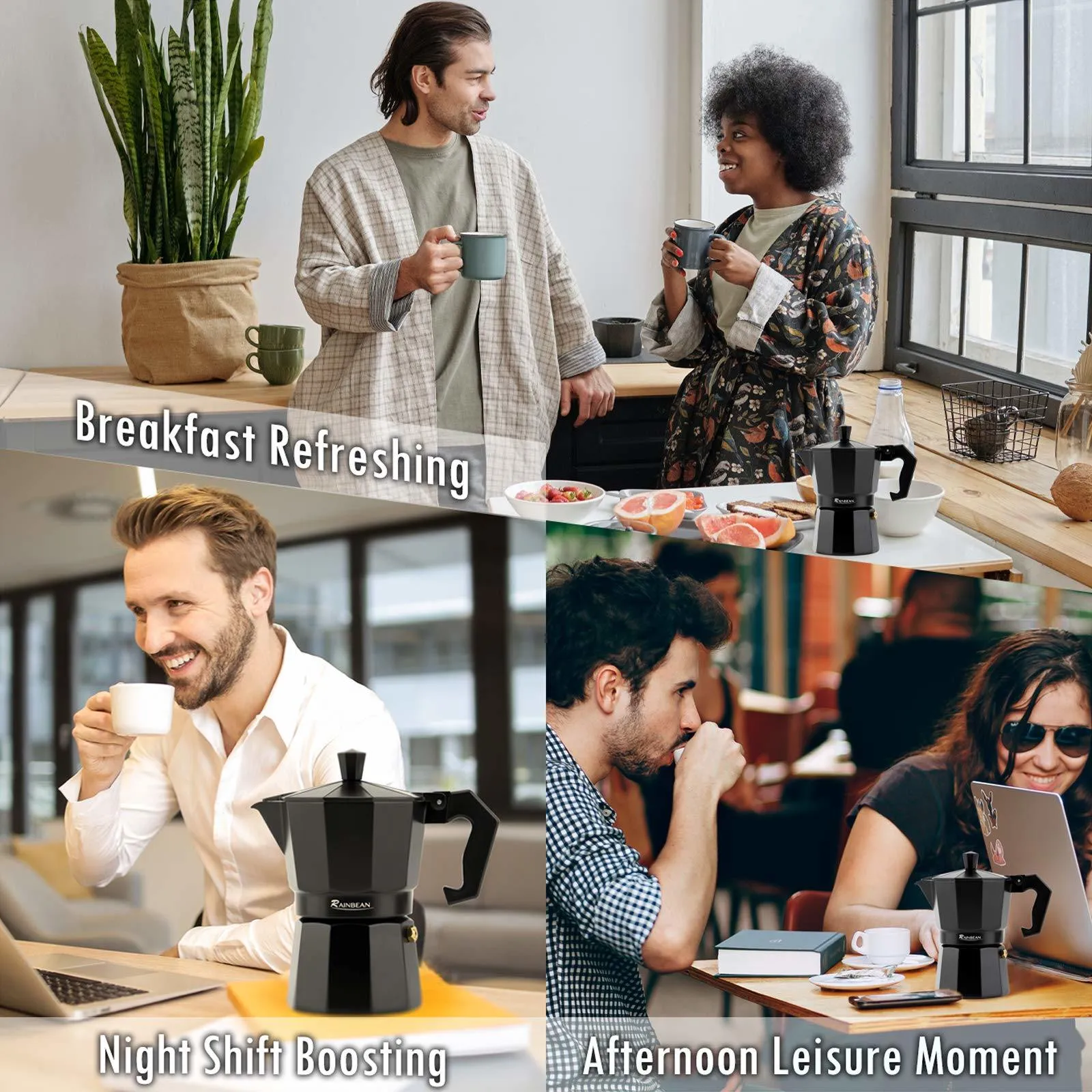 Stylish Black Espresso Maker with 2 Matching Mugs