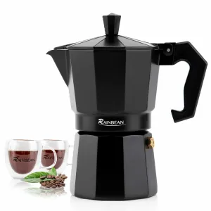 Stylish Black Espresso Maker with 2 Matching Mugs