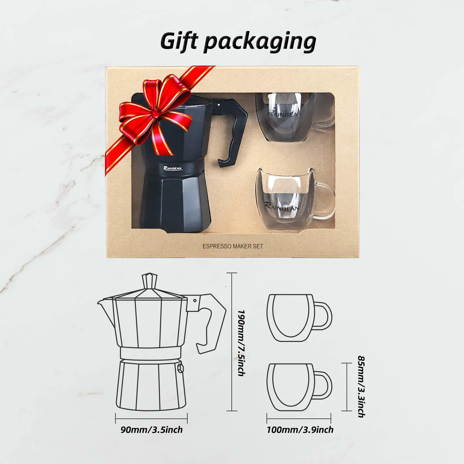 Stylish Black Espresso Maker with 2 Matching Mugs