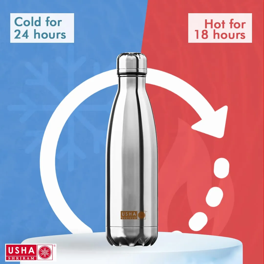 USHA SHRIRAM Insulated Stainless Steel Water Bottle (500ml) | Water Bottle for Home, Office & Kids | Hot for 18 Hours, Cold for 24 Hours | Rust-Free & Leak-Proof (Silver, Pack of 3)