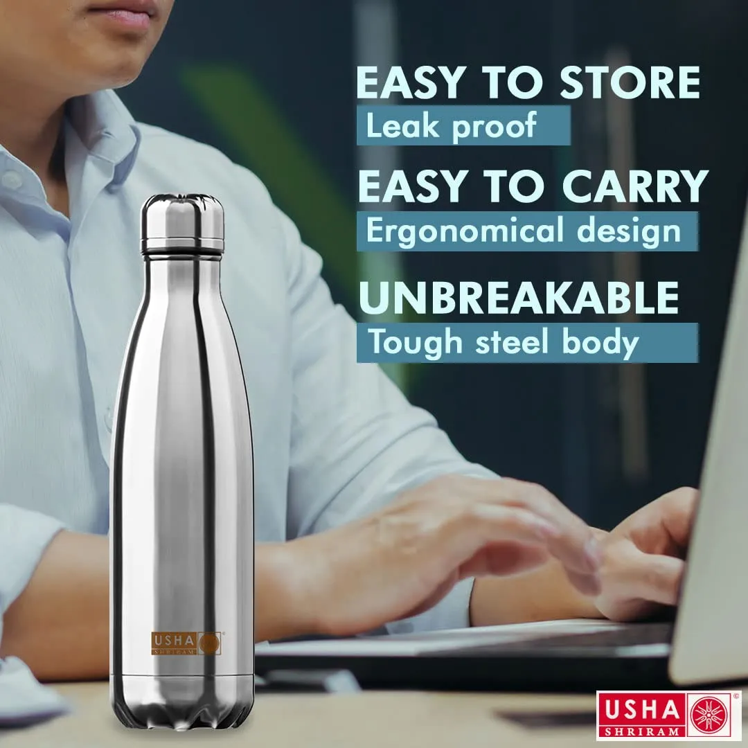 USHA SHRIRAM Insulated Stainless Steel Water Bottle (500ml) | Water Bottle for Home, Office & Kids | Hot for 18 Hours, Cold for 24 Hours | Rust-Free & Leak-Proof (Silver, Pack of 3)