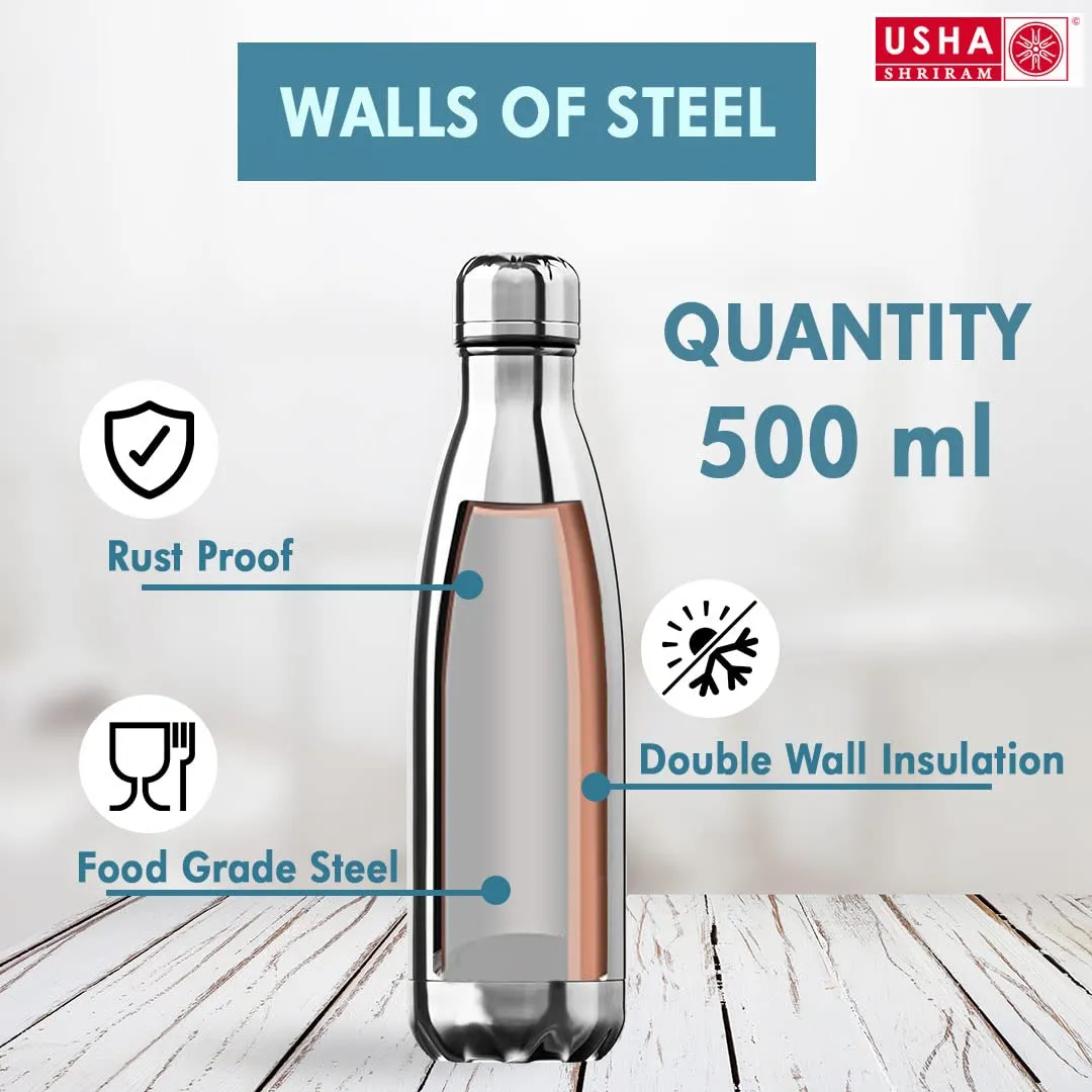 USHA SHRIRAM Insulated Stainless Steel Water Bottle (500ml) | Water Bottle for Home, Office & Kids | Hot for 18 Hours, Cold for 24 Hours | Rust-Free & Leak-Proof (Silver, Pack of 3)