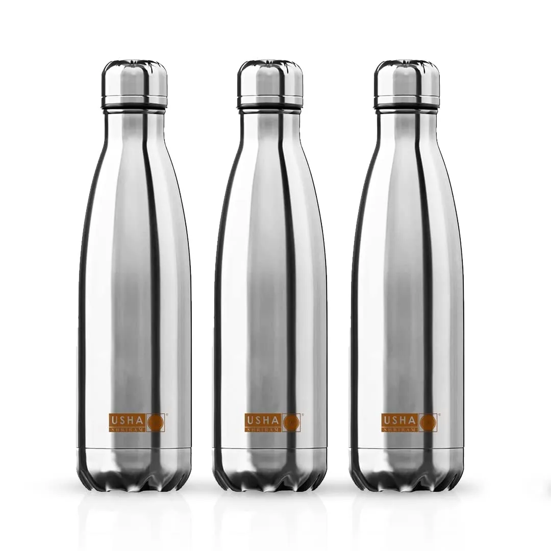 USHA SHRIRAM Insulated Stainless Steel Water Bottle (500ml) | Water Bottle for Home, Office & Kids | Hot for 18 Hours, Cold for 24 Hours | Rust-Free & Leak-Proof (Silver, Pack of 3)