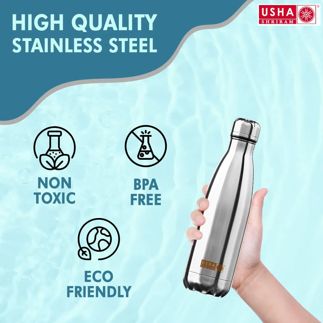 USHA SHRIRAM Insulated Stainless Steel Water Bottle (500ml) | Water Bottle for Home, Office & Kids | Hot for 18 Hours, Cold for 24 Hours | Rust-Free & Leak-Proof (Silver, Pack of 3)