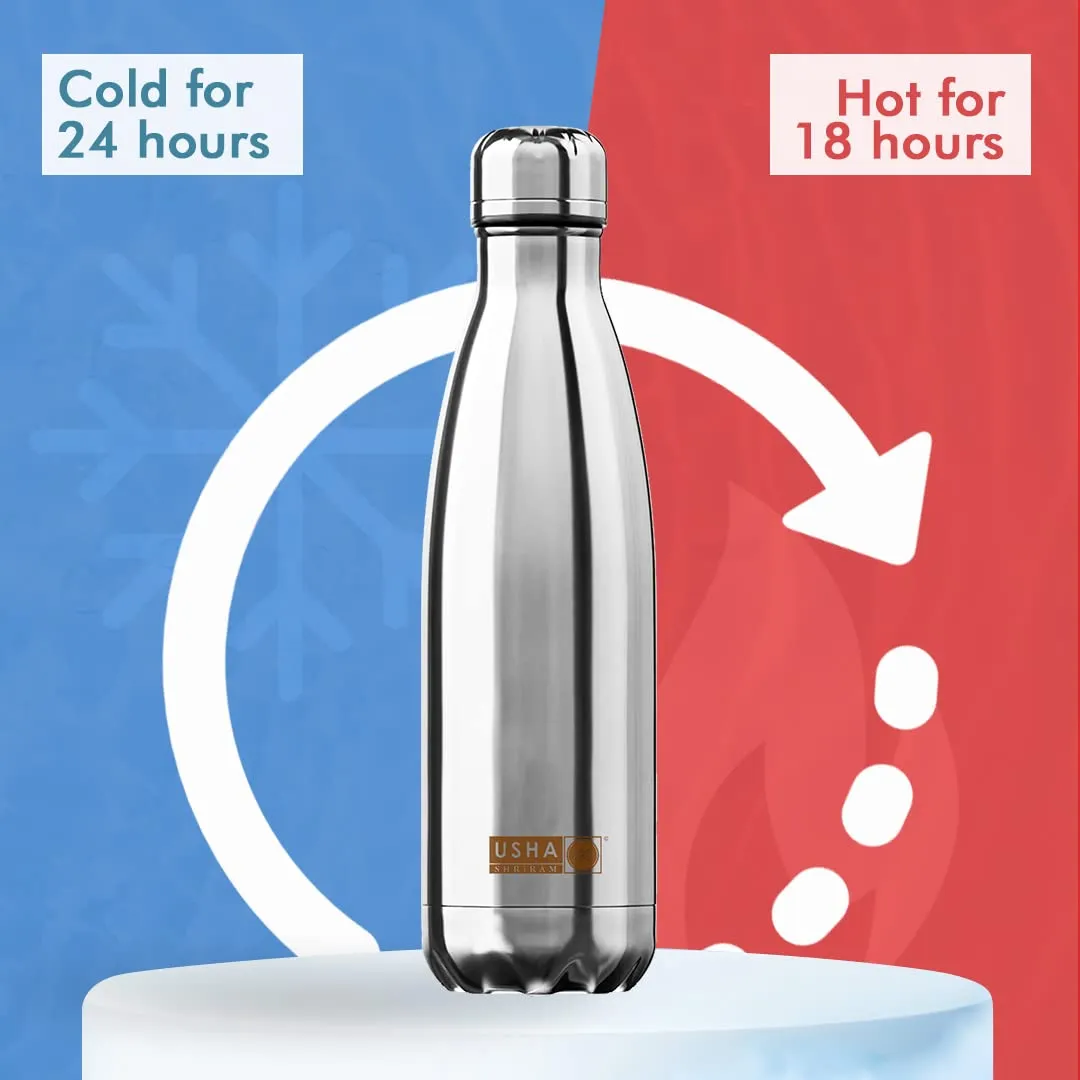 USHA SHRIRAM Insulated Stainless Steel Water Bottle | Hot for 18 Hours, Cold for 24 Hours | Water Bottle for Home, Office & Kids | Rust-Free, Durable & Leak-Proof | Silver (1L, 6)